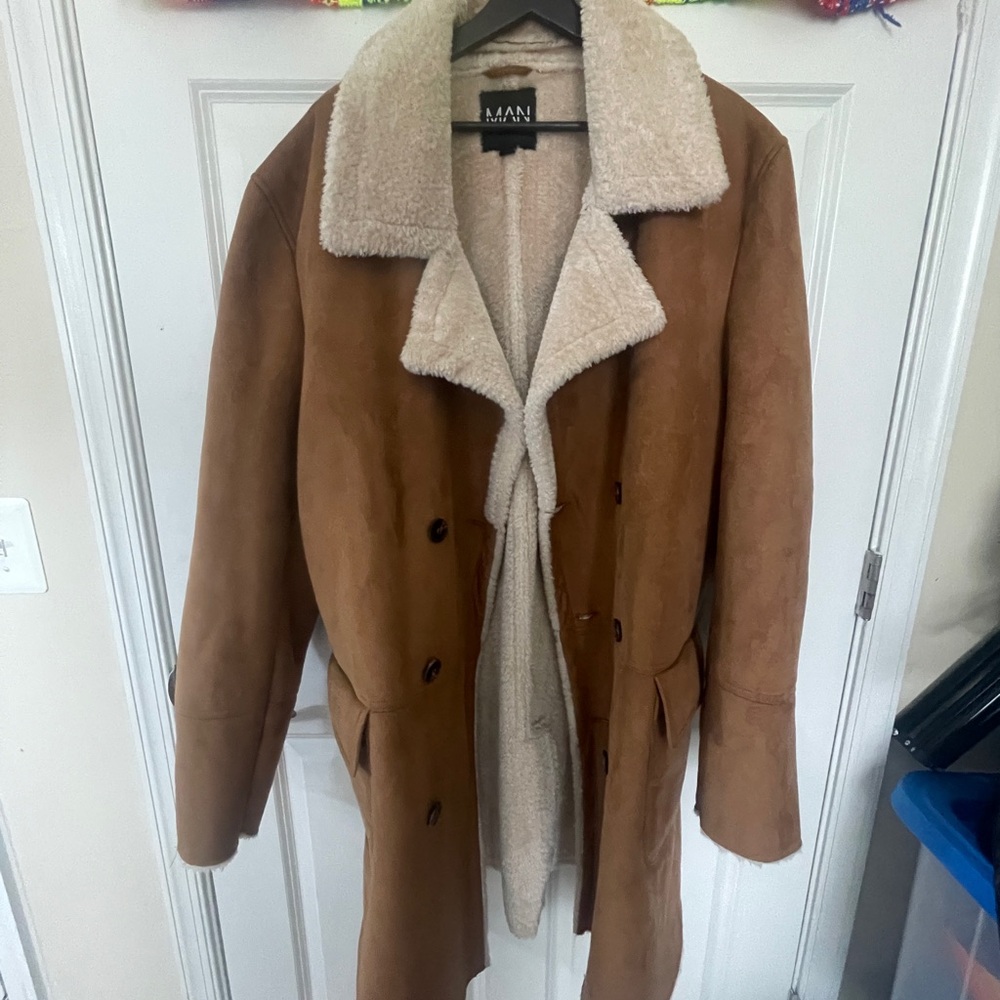 Boohoo Brown Suede-Look Shearling Long Pea Coat